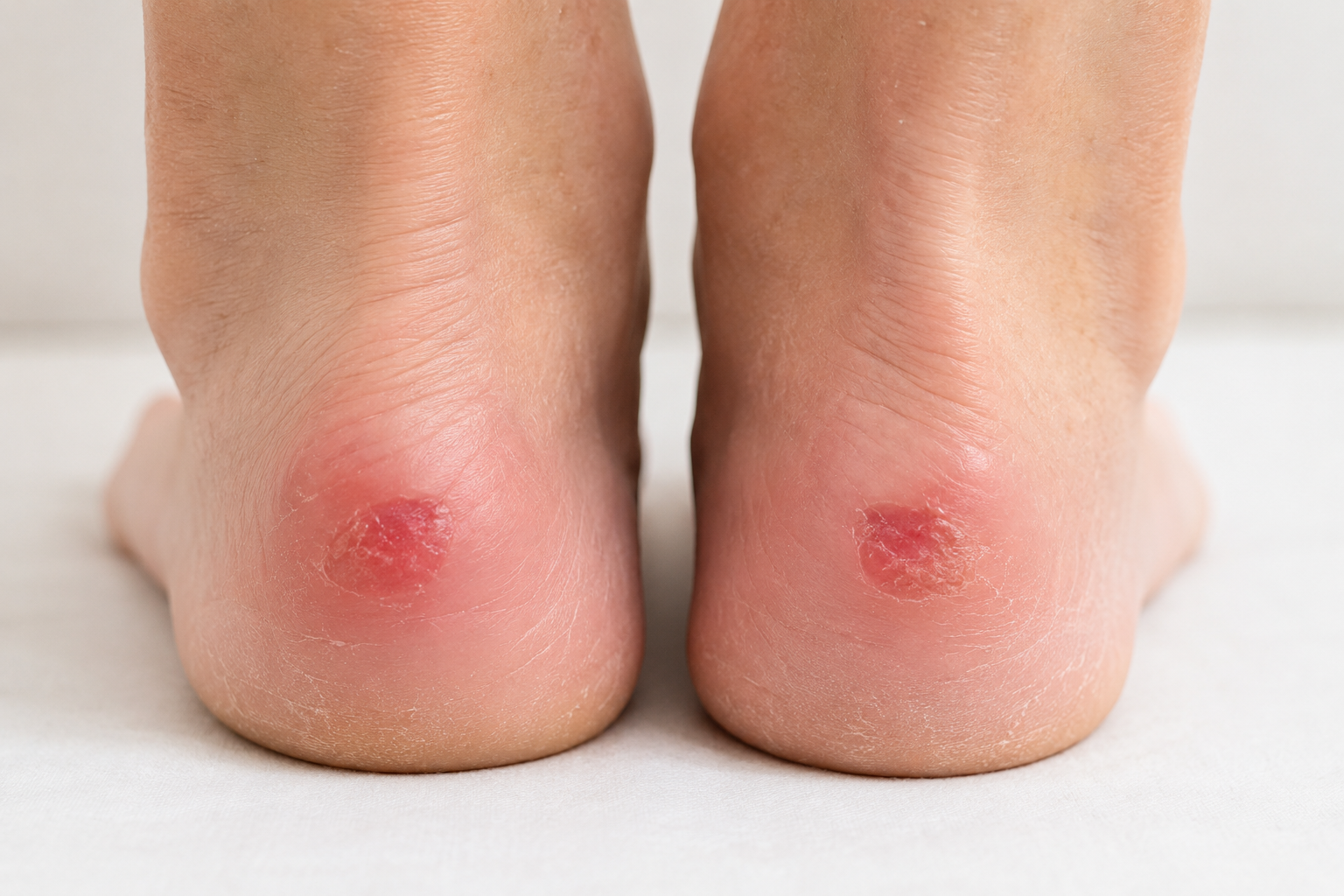 Close-up of both heels illustrating early-stage pressure injuries