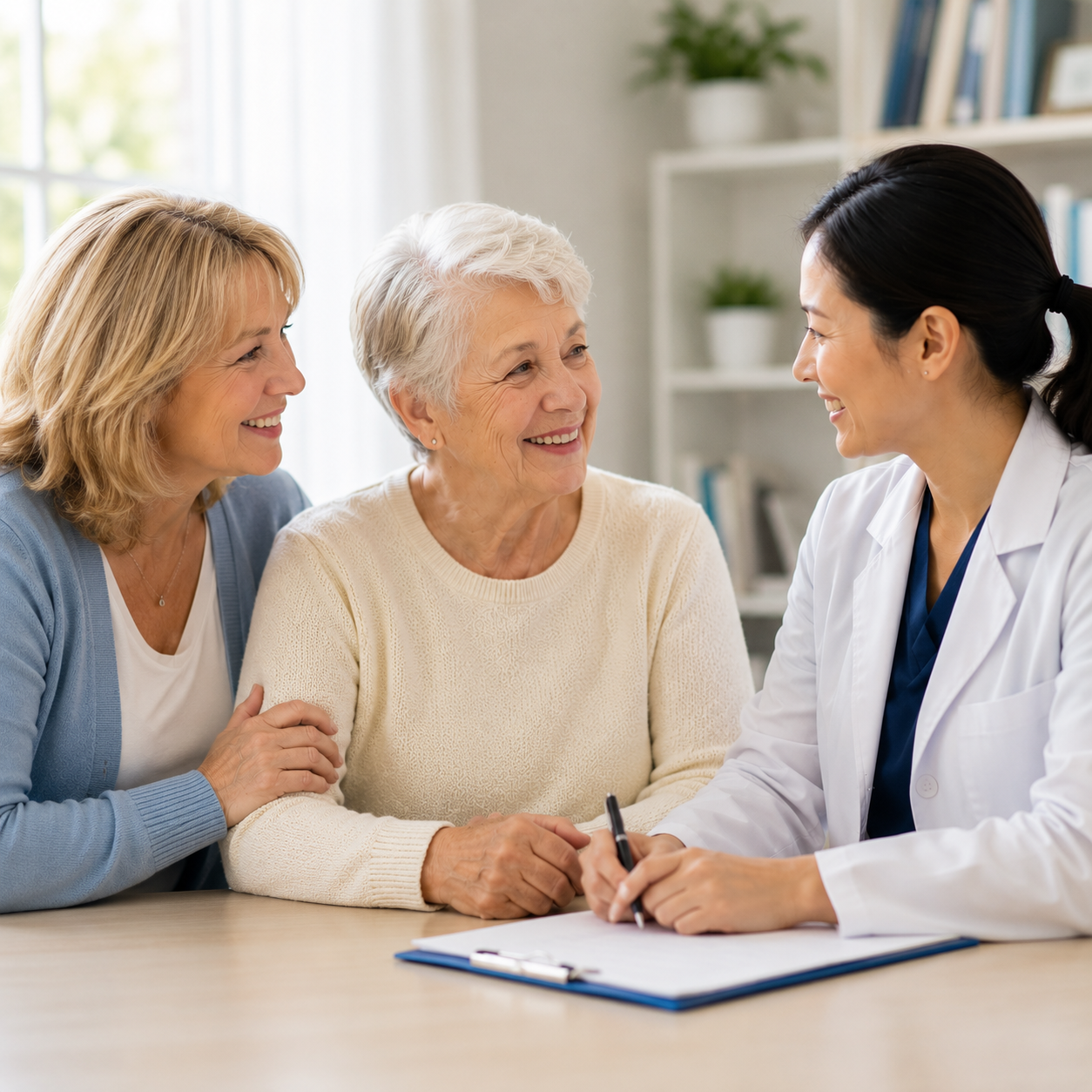 Health-care professional, patient and caregiver discussing care together dring a consultation.