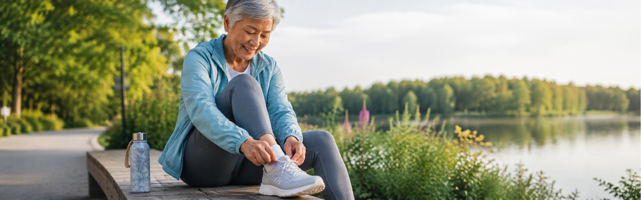 An older woman checks her footwear while sitting on a bench beside a lake in a park.