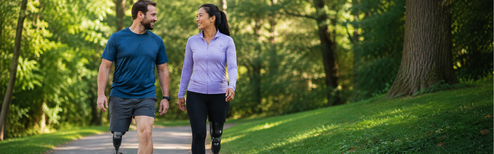 Two people with limb differences walk together along a tree-lined park path.
