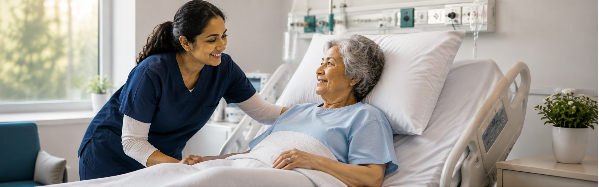 Caregiver and older female patient in a hospital bed.
