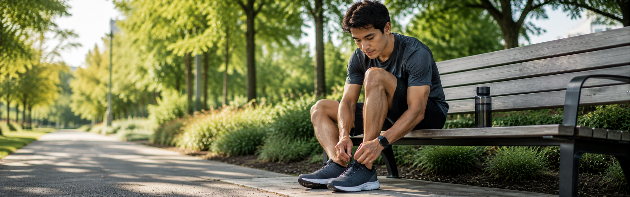 A man checks the fit of his running shoes while sitting on a bench in a park.