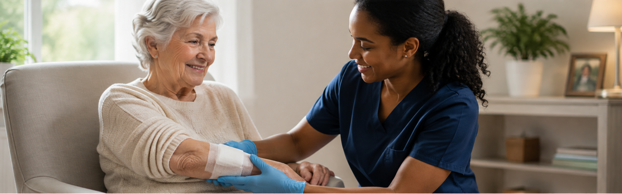 A health-care provider supports an older woman with a bandaged arm in a home setting.