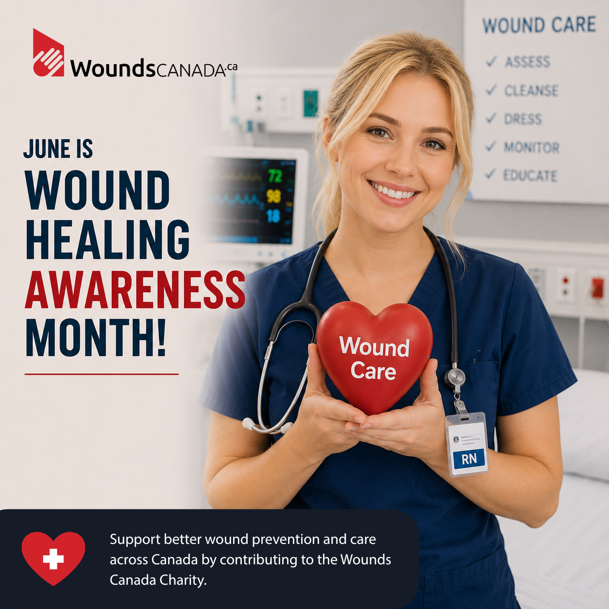 Wounds Canada graphic promoting June as Wound Healing Awareness Month, featuring a health-care professional holding a red heart labelled “Wound Care” and a message encouraging support for better wound prevention and care across Canada.
