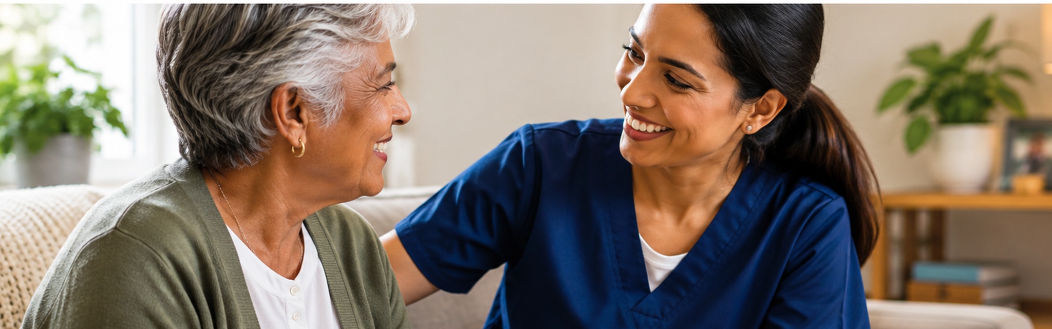 An older woman and a caregiver share a warm conversation in a home setting.