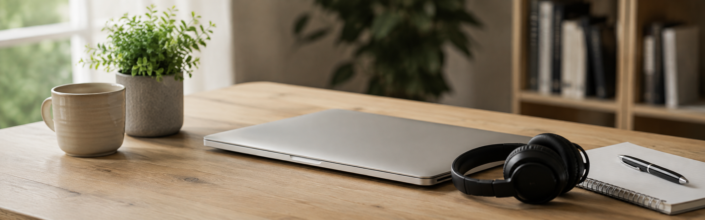 Closed laptop and headphones on a desk, suggesting online learning or virtual webinars.